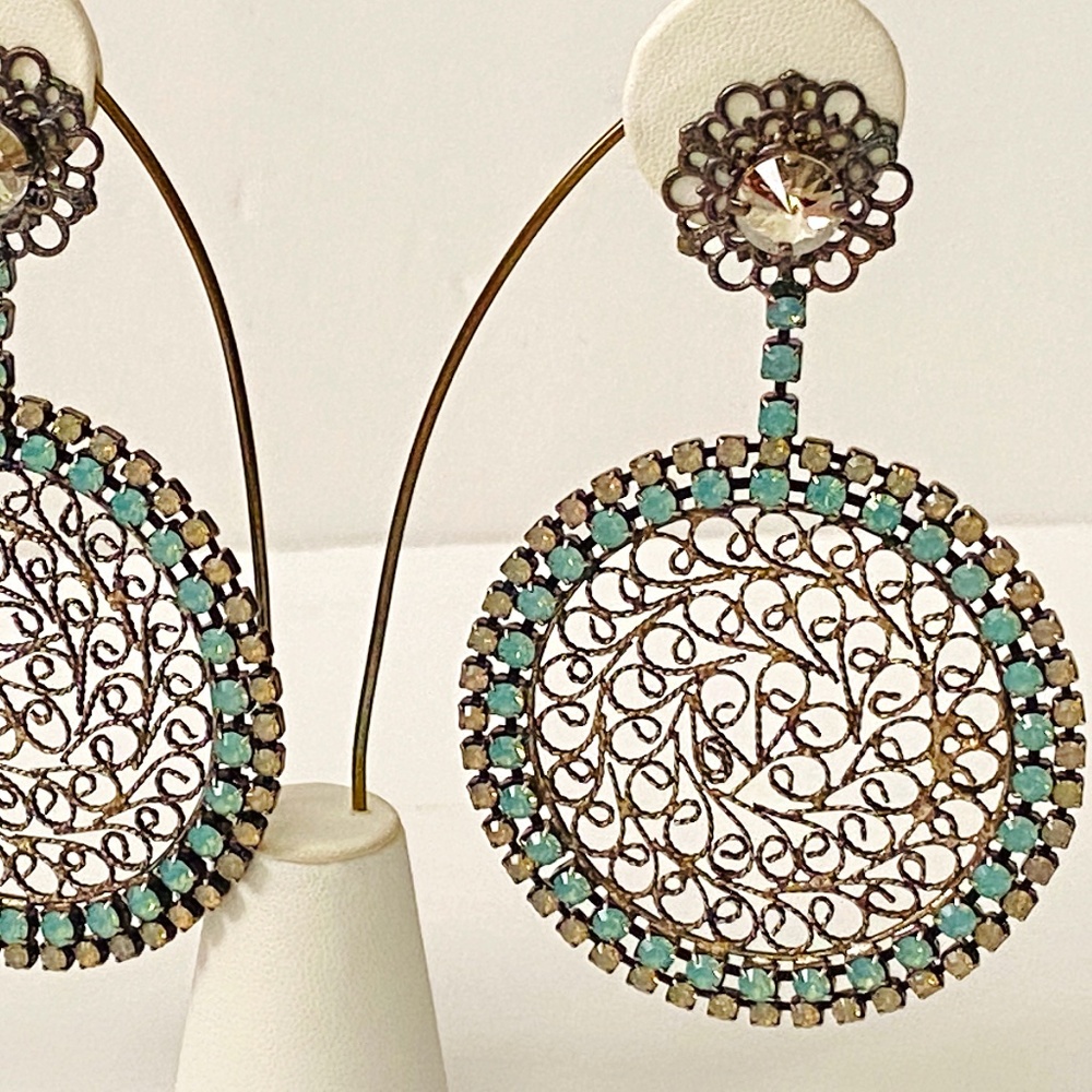 Vintage 1980's NIKOLAS FRANGOS Filigree Rhinestone OVERSIZED Clip On Earrings 4"